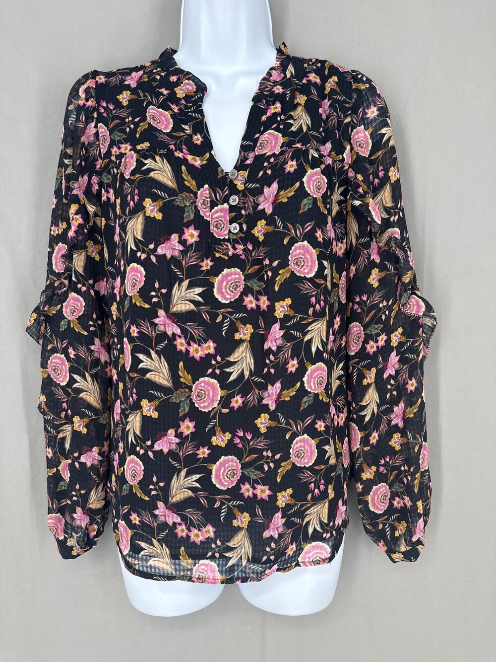 Loft Top Womens XS Black Floral Pink Cottage Boho Ruffle Bohemian Prairie Henley